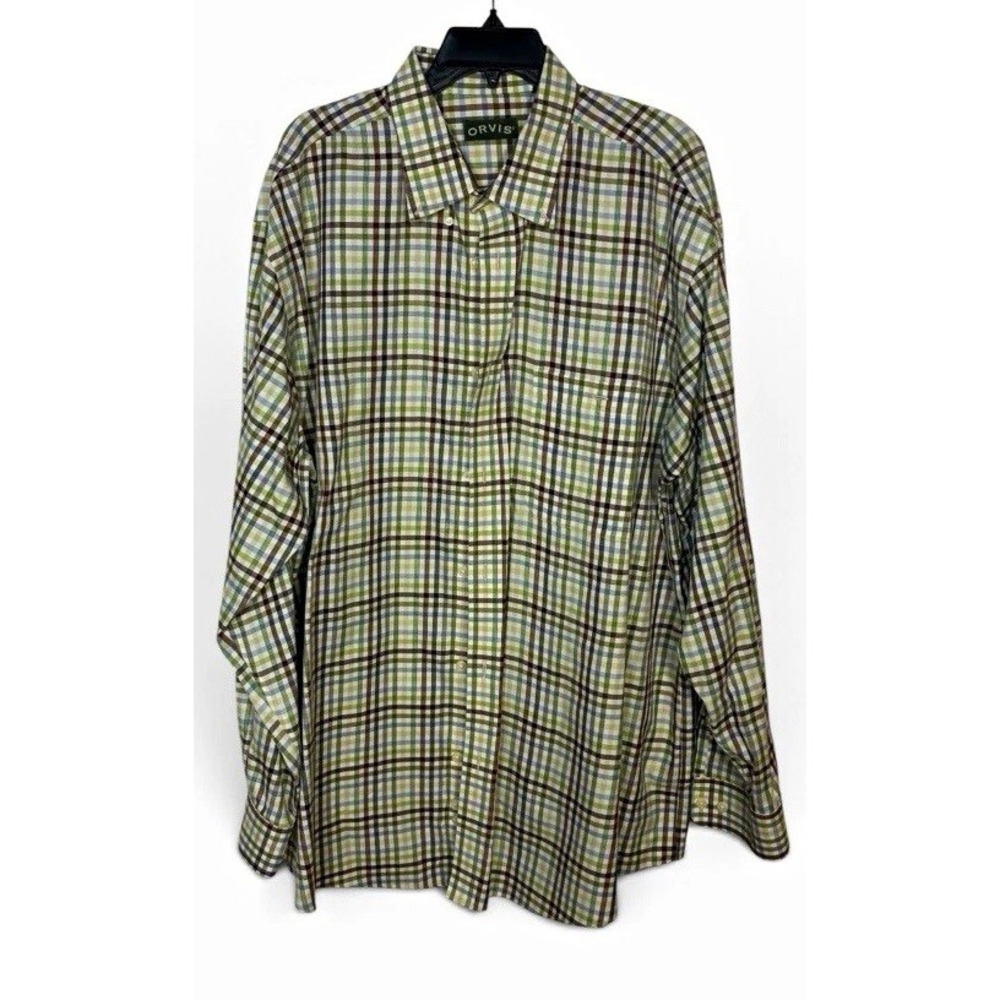 Orvis Mens 2XL Tall Button Down Shirt Long Sleeve Green Brown Plaid Cotton